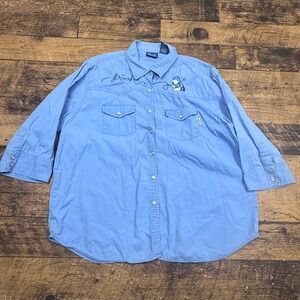 Disney Pooh Embroidered Western Style Pearl Snap Shirt Women's XL Blue Cotton